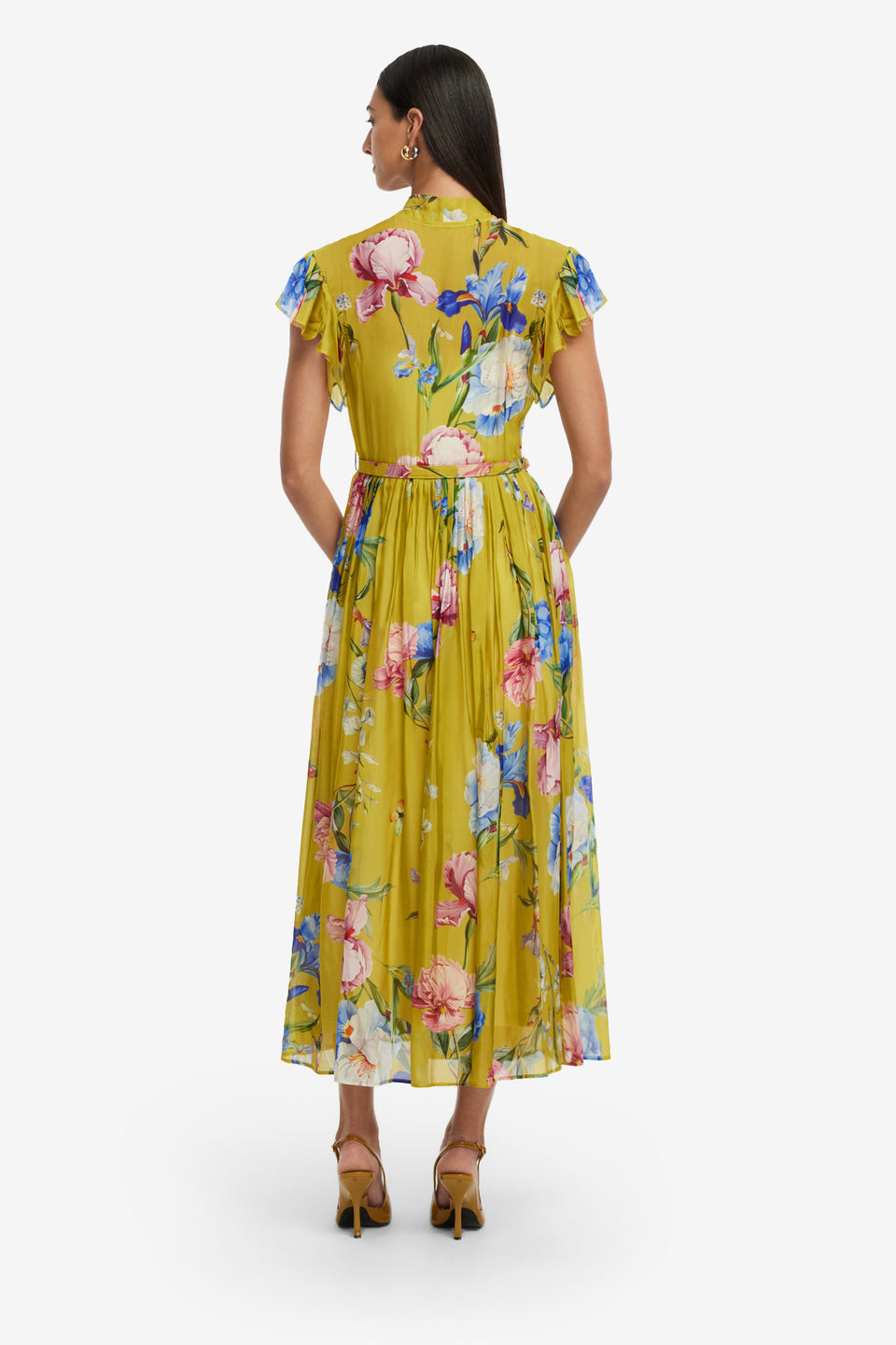 Exclusive LEO LIN Grace Flutter Sleeve Midi Dress - Garden Print in Mustard