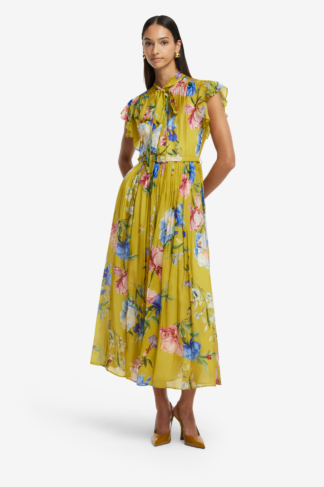 Exclusive LEO LIN Grace Flutter Sleeve Midi Dress - Garden Print in Mustard