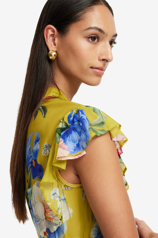 Exclusive LEO LIN Grace Flutter Sleeve Midi Dress - Garden Print in Mustard