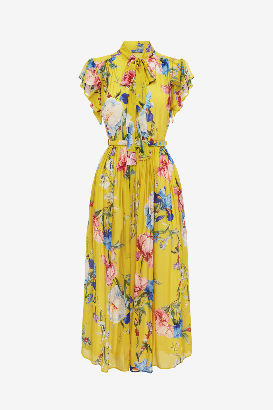 Exclusive LEO LIN Grace Flutter Sleeve Midi Dress - Garden Print in Mustard