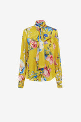Freya Tie Neck Silk Blouse - Garden Print in Mustard Blouse/Shirts