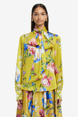 Freya Tie Neck Silk Blouse - Garden Print in Mustard Blouse/Shirts