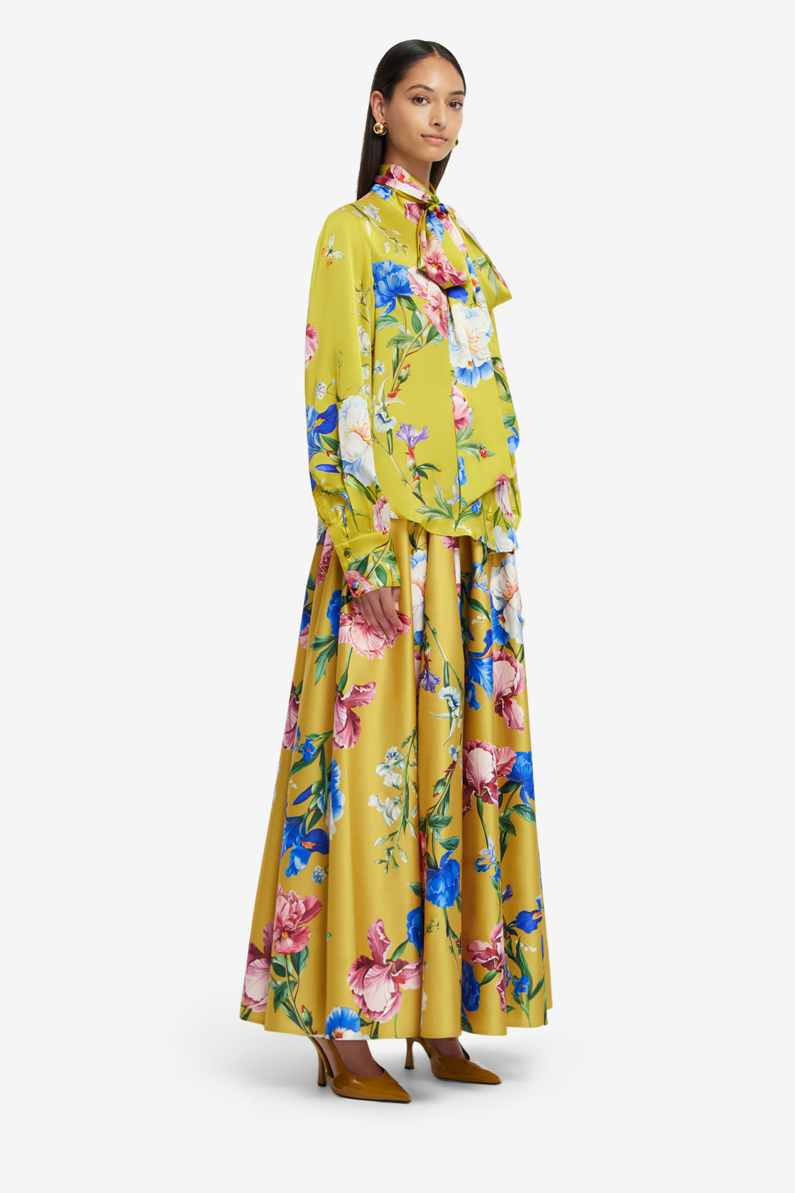 Exclusive LEO LIN Freya Tie Neck Silk Blouse - Garden Print in Mustard