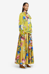 Freya Tie Neck Silk Blouse - Garden Print in Mustard Blouse/Shirts