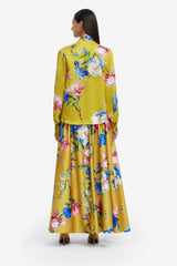 Freya Tie Neck Silk Blouse - Garden Print in Mustard Blouse/Shirts