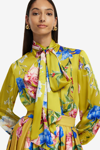 Exclusive LEO LIN Freya Tie Neck Silk Blouse - Garden Print in Mustard