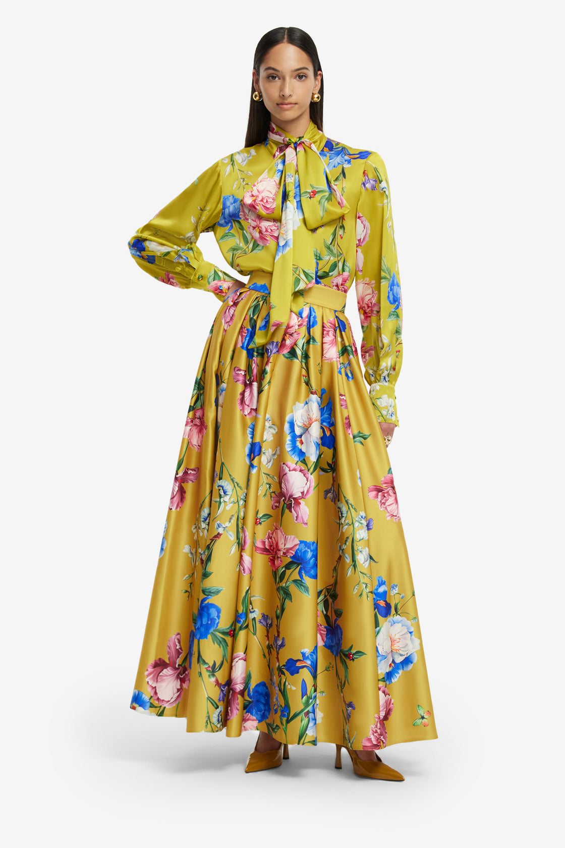 Exclusive LEO LIN Freya Tie Neck Silk Blouse - Garden Print in Mustard