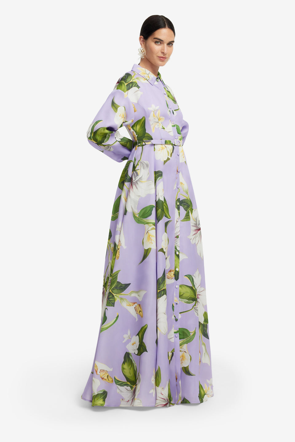 Exclusive LEO LIN Josephine Silk Gown - Lily Blossom Print in Lilac