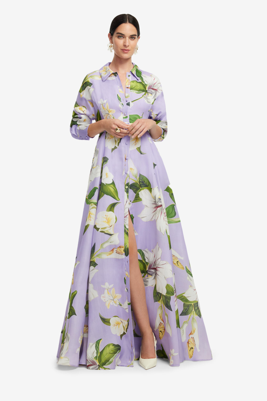 Exclusive LEO LIN Josephine Silk Gown - Lily Blossom Print in Lilac