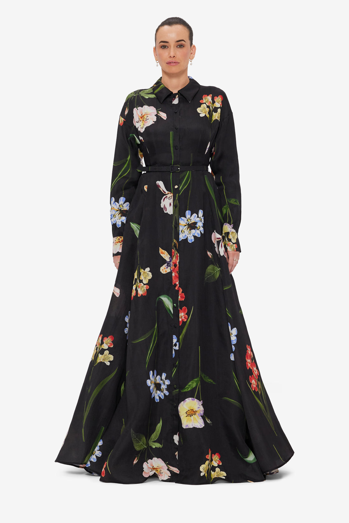 Exclusive LEO LIN Josephine Silk Gown - Botanical Print in Ebony