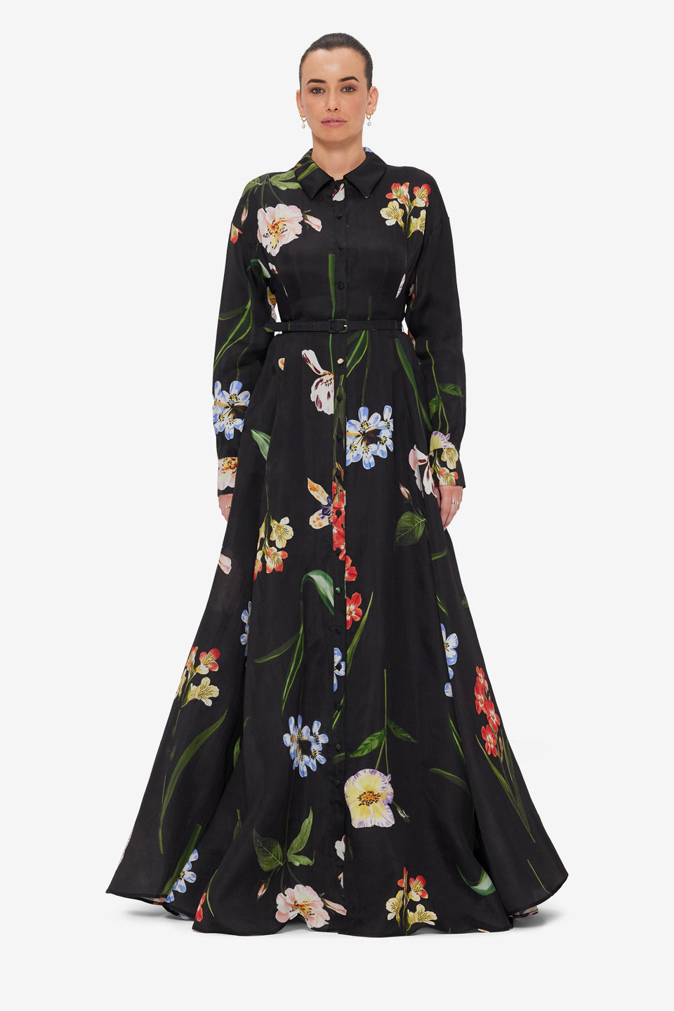 Exclusive LEO LIN Josephine Silk Gown - Botanical Print in Ebony