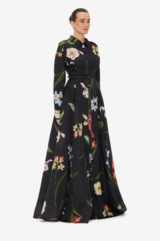 Exclusive LEO LIN Josephine Silk Gown - Botanical Print in Ebony