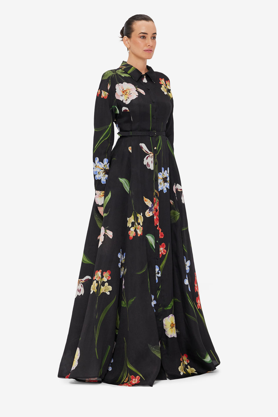 Exclusive LEO LIN Josephine Silk Gown - Botanical Print in Ebony