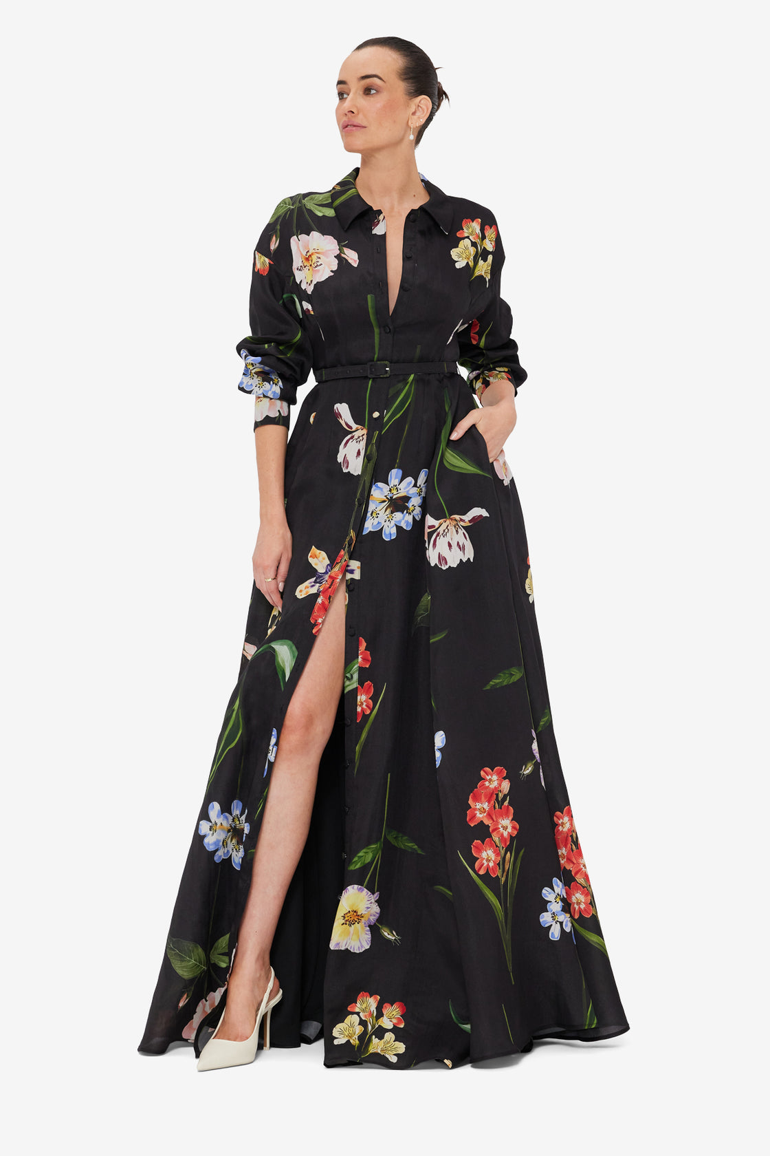 Exclusive LEO LIN Josephine Silk Gown - Botanical Print in Ebony