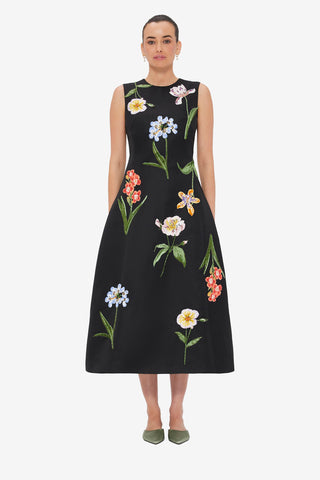 Exclusive LEO LIN Cleo Embroidered Sleeveless Midi Dress - Botanical Print in Ebony