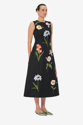 Exclusive LEO LIN Cleo Embroidered Sleeveless Midi Dress - Botanical Print in Ebony