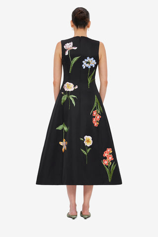 Exclusive LEO LIN Cleo Embroidered Sleeveless Midi Dress - Botanical Print in Ebony