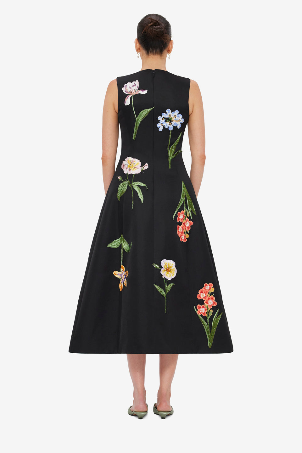 Exclusive LEO LIN Cleo Embroidered Sleeveless Midi Dress - Botanical Print in Ebony