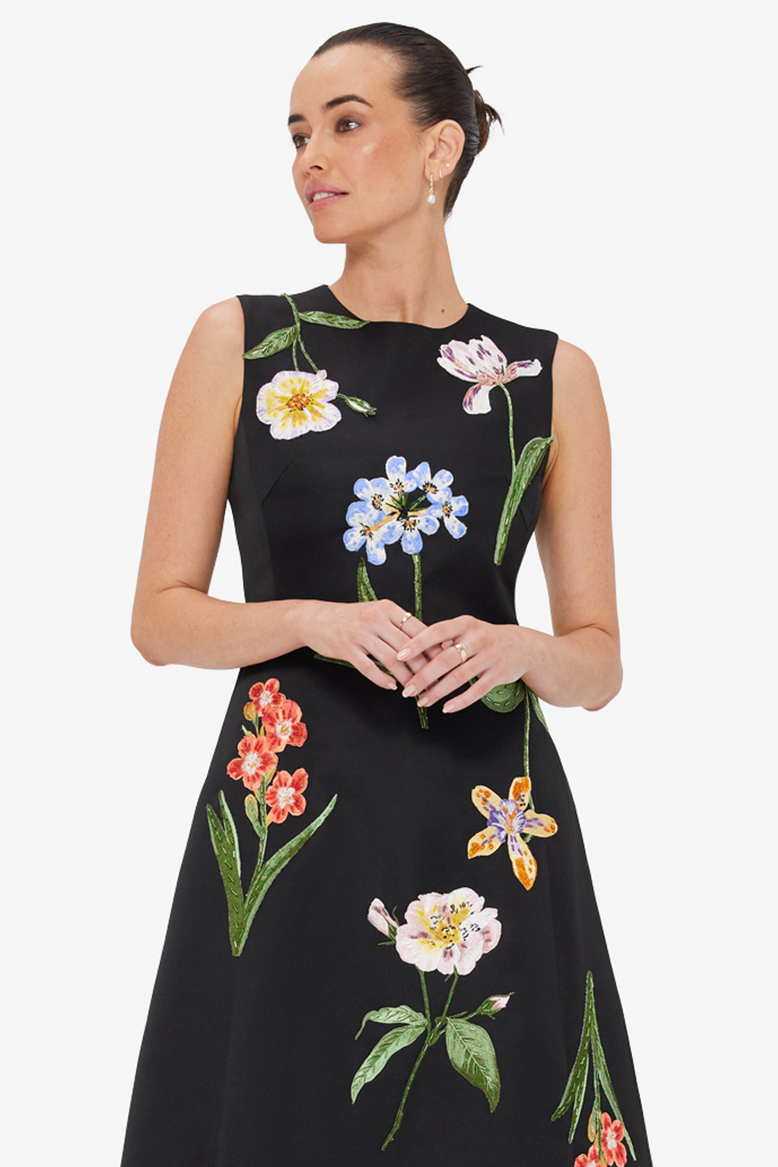 Cleo Embroidered Sleeveless Midi Dress - Botanical Print in Ebony LEO LIN Cleo Embroidered Sleeveless Midi Dress - Botanical Print in Ebony LEO LIN