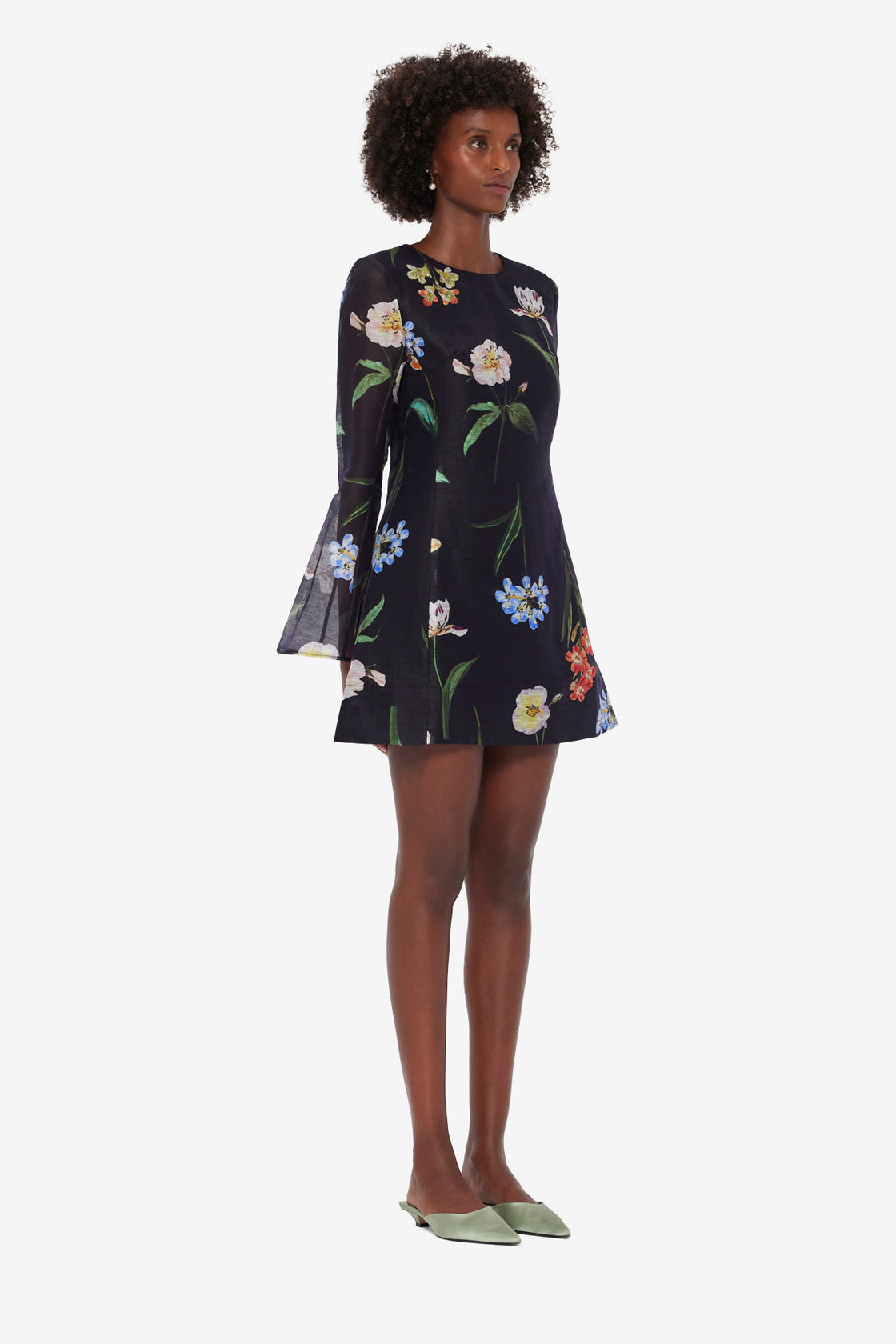 Exclusive LEO LIN Suzanne Bell Sleeve Mini Dress - Botanical Print in Ebony