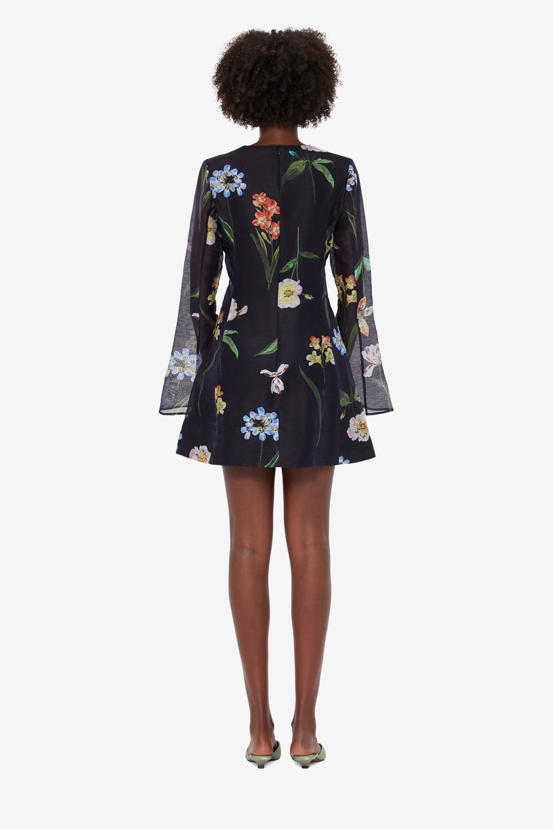 Suzanne Bell Sleeve Mini Dress - Botanical Print in Ebony