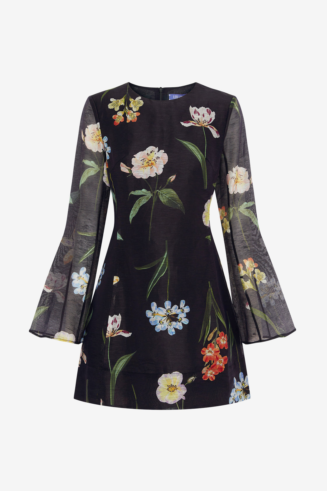 Exclusive LEO LIN Suzanne Bell Sleeve Mini Dress - Botanical Print in Ebony