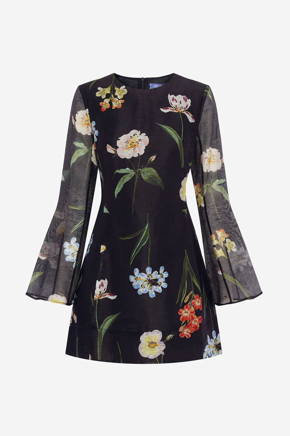 Exclusive LEO LIN Suzanne Bell Sleeve Mini Dress - Botanical Print in Ebony