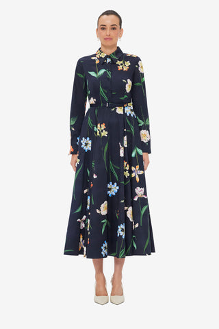 Exclusive LEO LIN Zara Shirt Midi Dress - Botanical Print in Ebony
