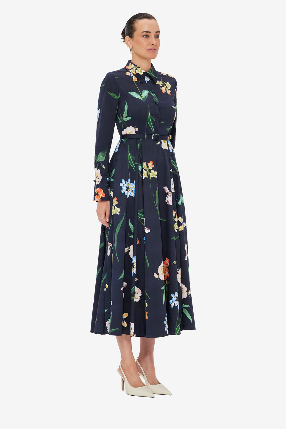 Exclusive LEO LIN Zara Shirt Midi Dress - Botanical Print in Ebony