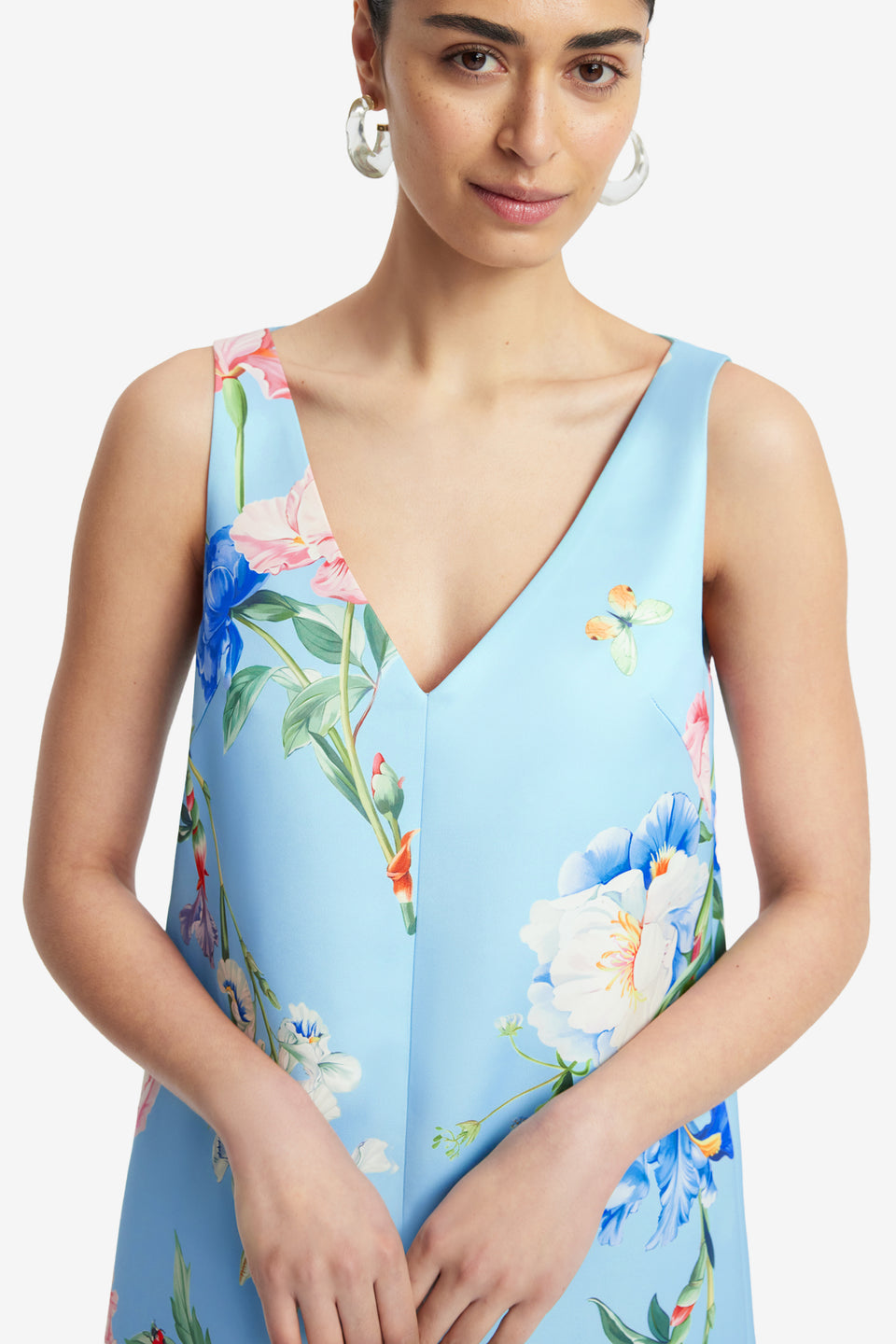 Exclusive LEO LIN Kaelyn V Neck Mini Dress - Garden Print in Baby Blue
