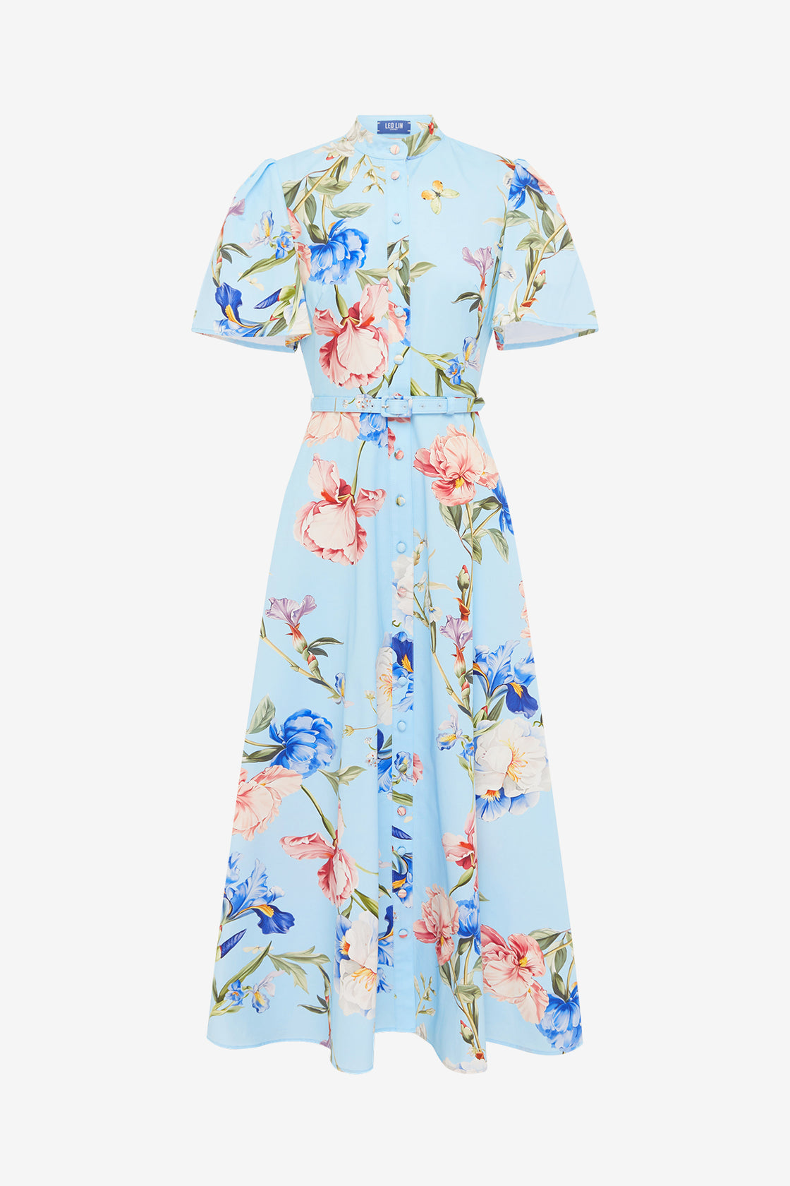 Exclusive LEO LIN Bianca Short Sleeve Midi Dress - Garden Print in Baby Blue