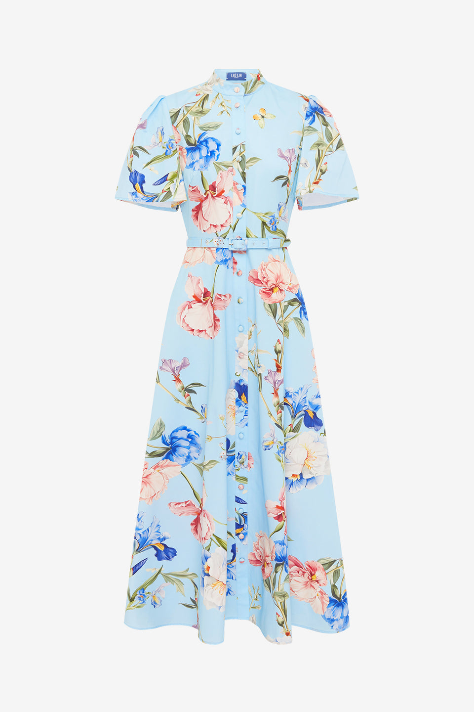 Exclusive LEO LIN Bianca Short Sleeve Midi Dress - Garden Print in Baby Blue