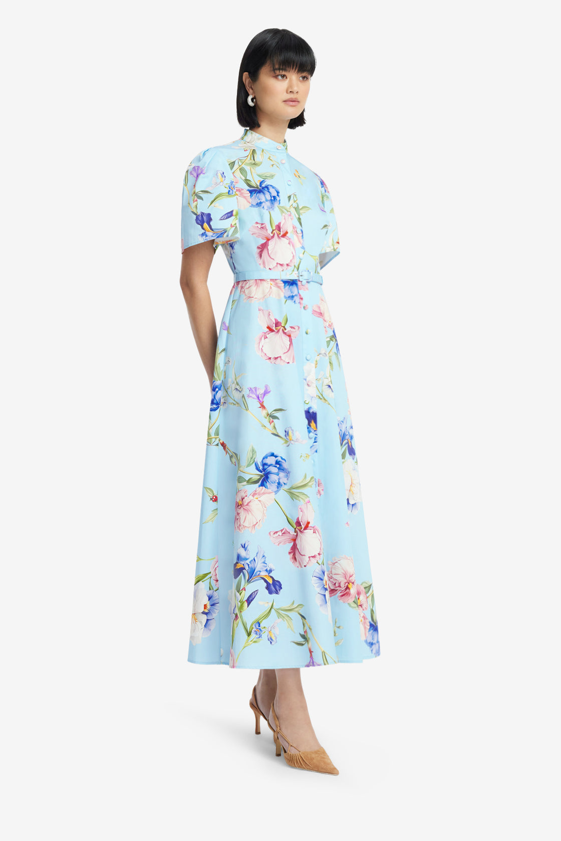 Exclusive LEO LIN Bianca Short Sleeve Midi Dress - Garden Print in Baby Blue