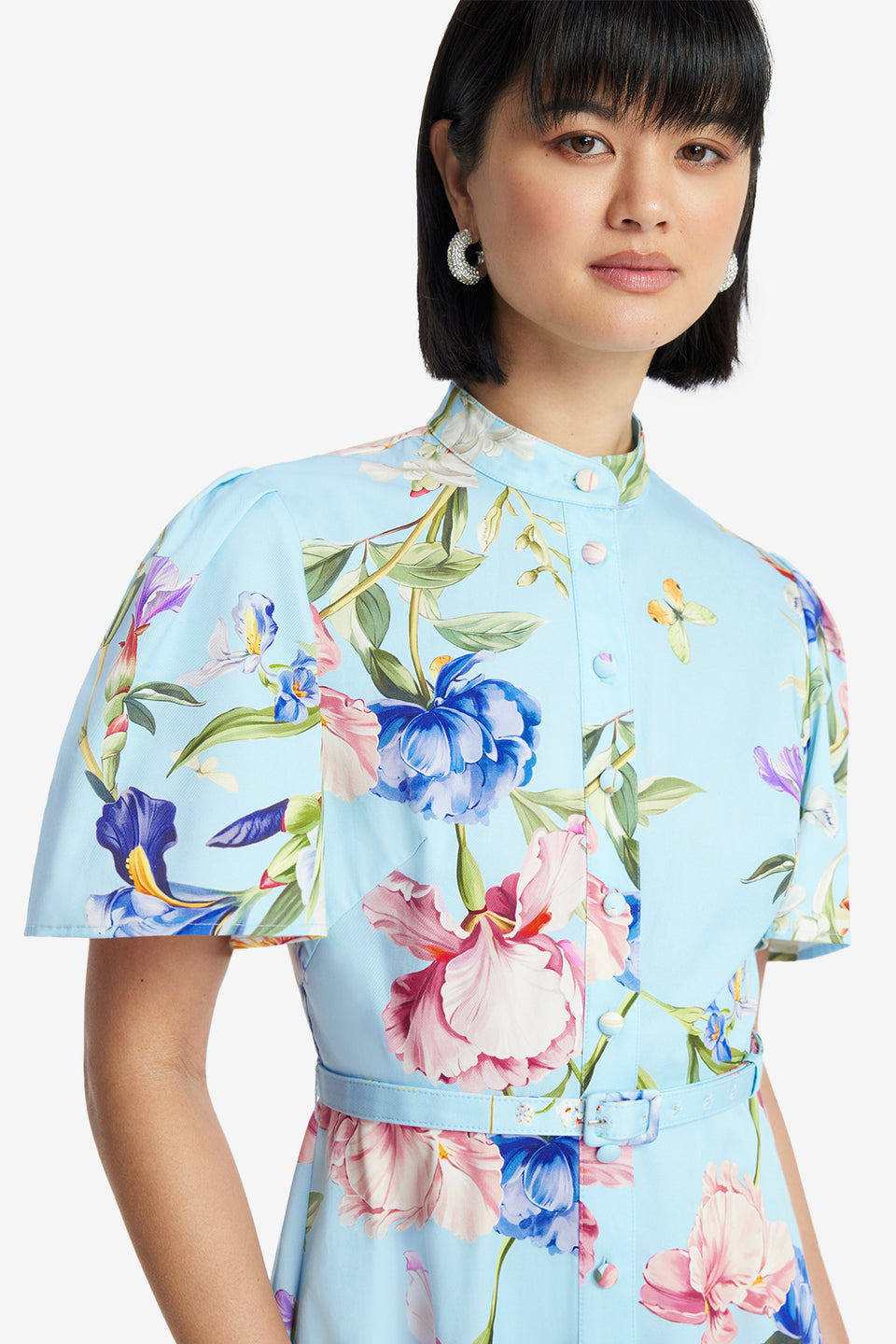 Exclusive LEO LIN Bianca Short Sleeve Midi Dress - Garden Print in Baby Blue