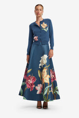 Claire Embroidered Cashmere Blend Cardigan - Lily Print in Indigo Tops
