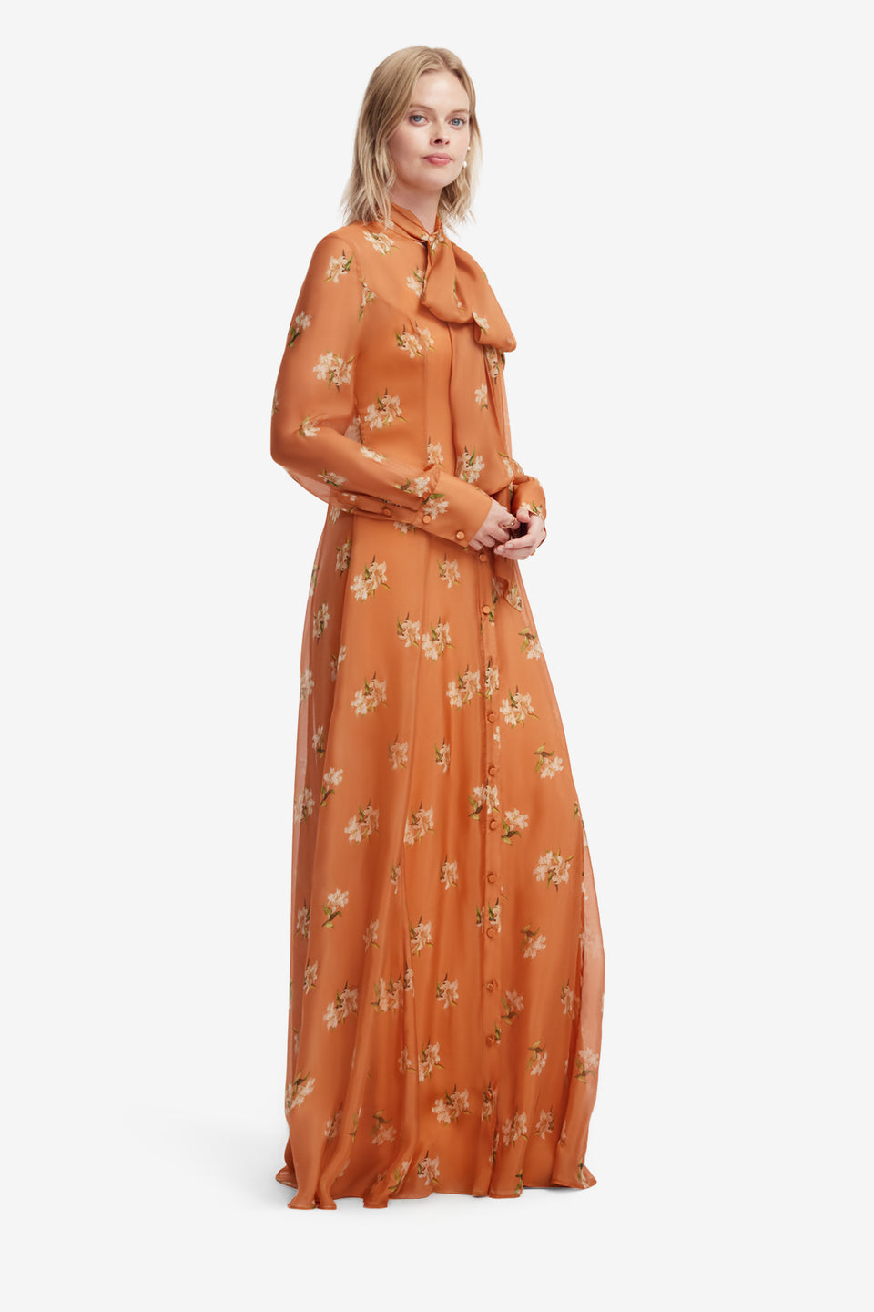 Lilith Tie Neck Maxi Dress - Lily Print in Ochre Dress Maxi