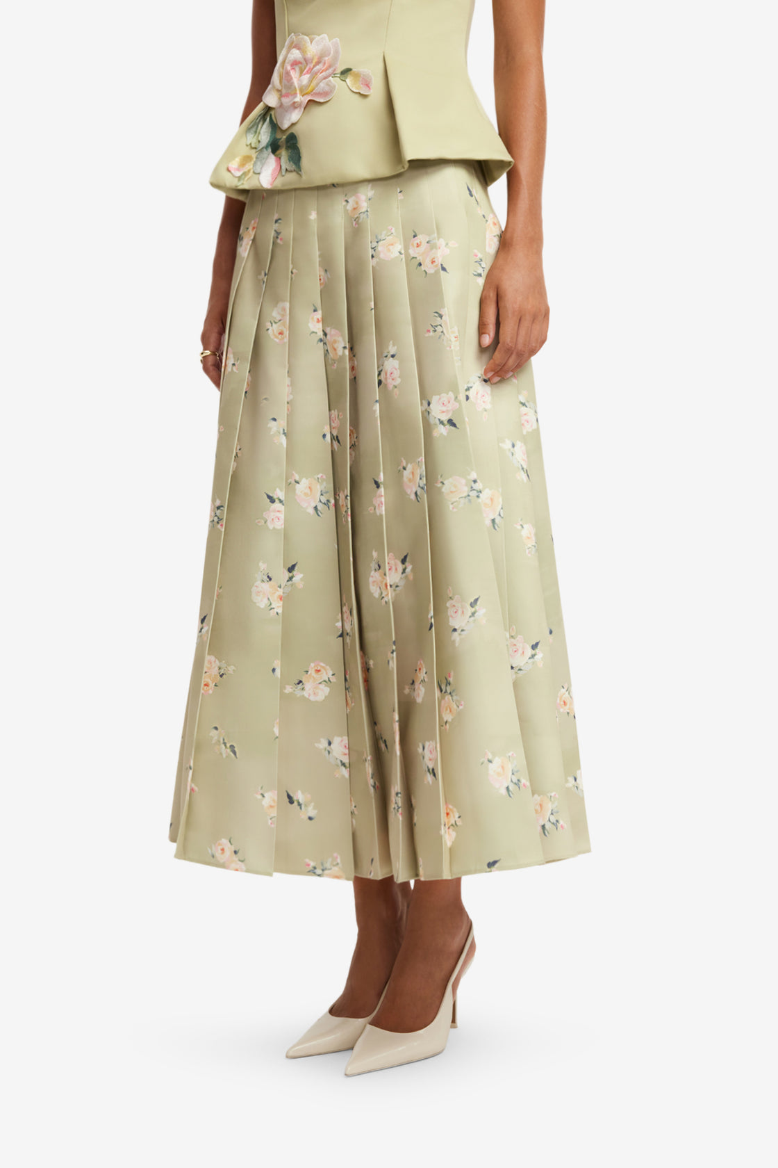 June Pleated Maxi Skirt - Pistachio Rose Print Skirts