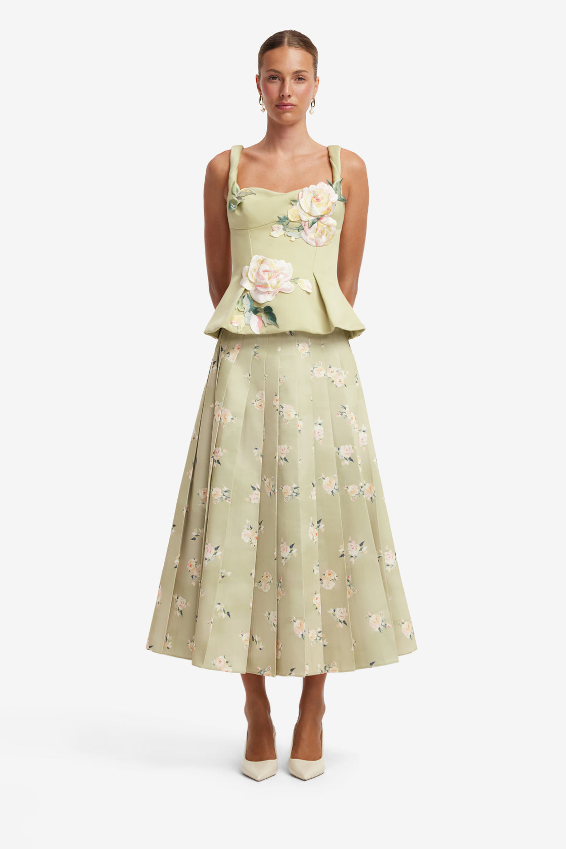 June Pleated Maxi Skirt - Pistachio Rose Print Skirts