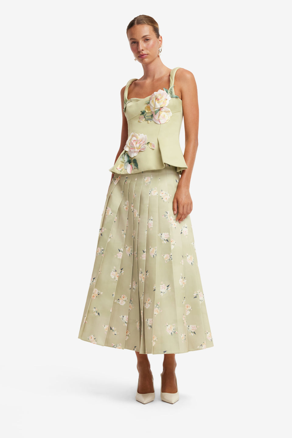 June Pleated Maxi Skirt - Pistachio Rose Print Skirts