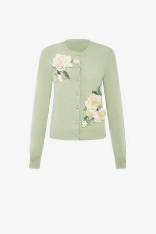 Claire Embroidered Cashmere Blend Cardigan - Pistachio Rose Print Tops