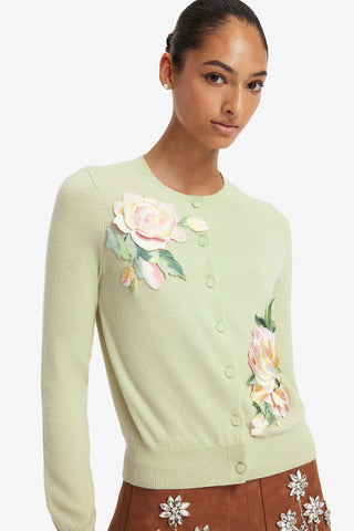 Claire Embroidered Cashmere Blend Cardigan - Pistachio Rose Print Tops