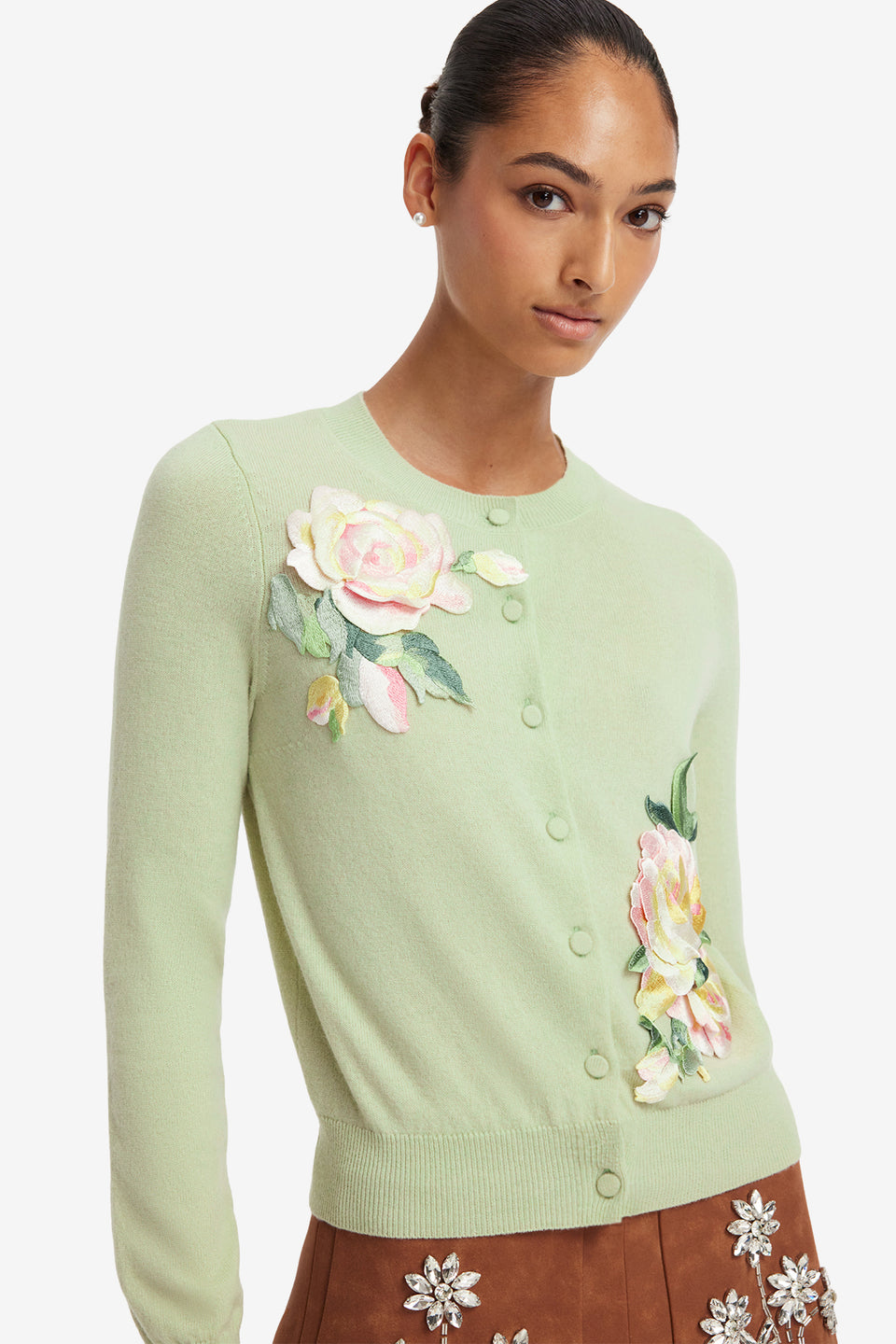 Claire Embroidered Cashmere Blend Cardigan - Pistachio Rose Print Tops