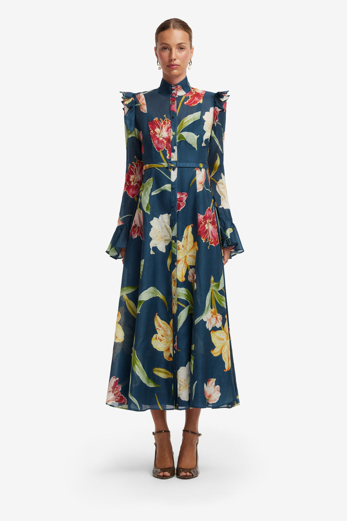 Katrina Butterfly Sleeve Midi Dress - Lily Print in Indigo Dress Midi