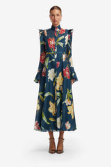 Katrina Butterfly Sleeve Midi Dress - Lily Print in Indigo Dress Midi