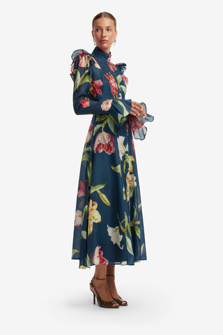 Katrina Butterfly Sleeve Midi Dress - Lily Print in Indigo Dress Midi