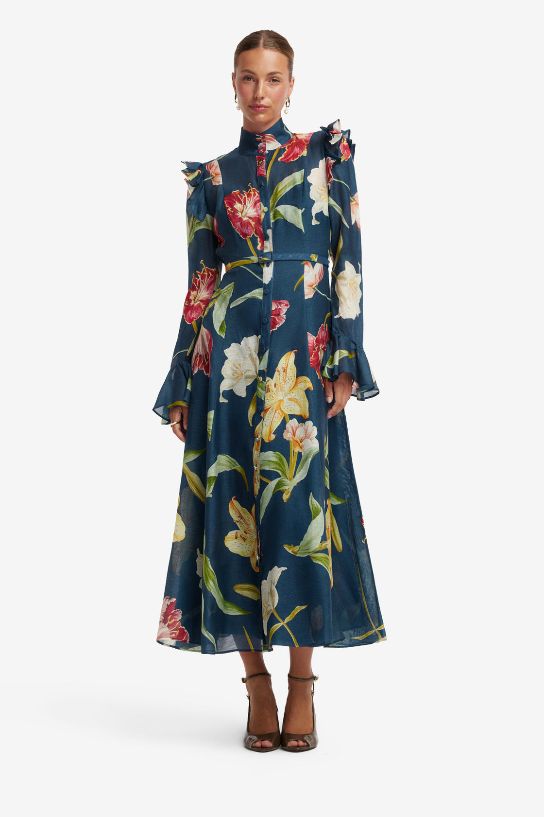 Katrina Butterfly Sleeve Midi Dress - Lily Print in Indigo Dress Midi