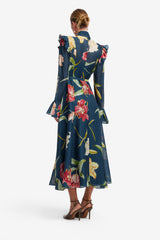 Katrina Butterfly Sleeve Midi Dress - Lily Print in Indigo Dress Midi
