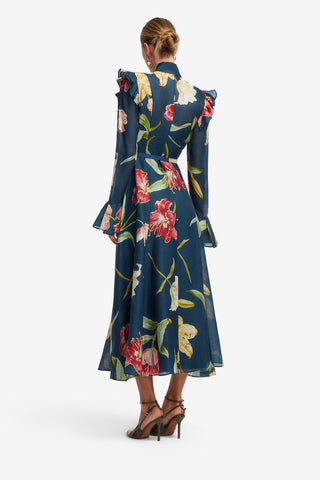 Katrina Butterfly Sleeve Midi Dress - Lily Print in Indigo Dress Midi