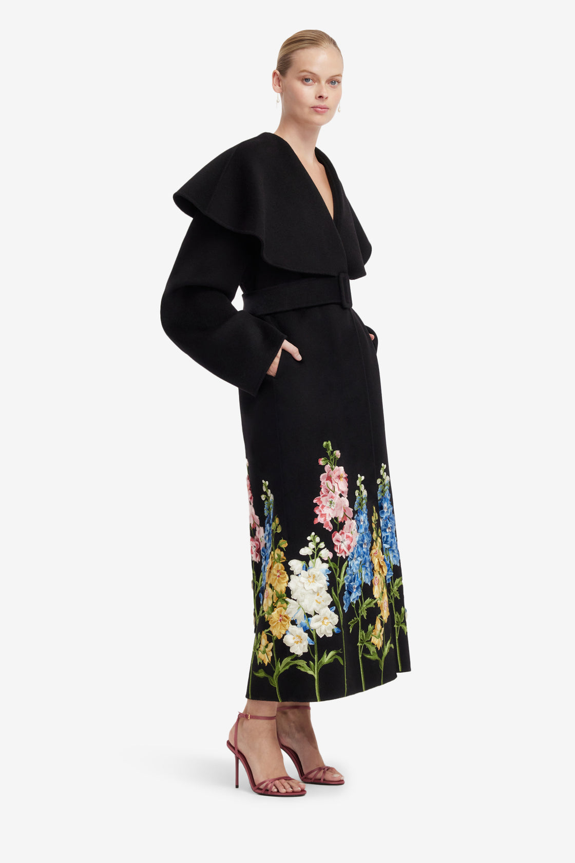 Joan Embroidered Wool Coat - Snapdragon Print in Ebony Coats