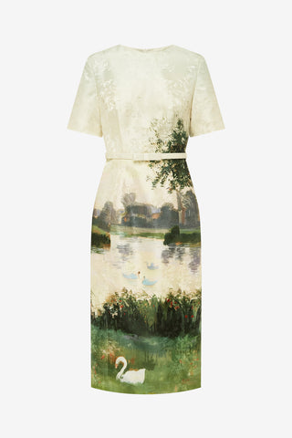 Elizabeth Jacquard Short Sleeve Midi Dress  - Serene Print Dress Midi